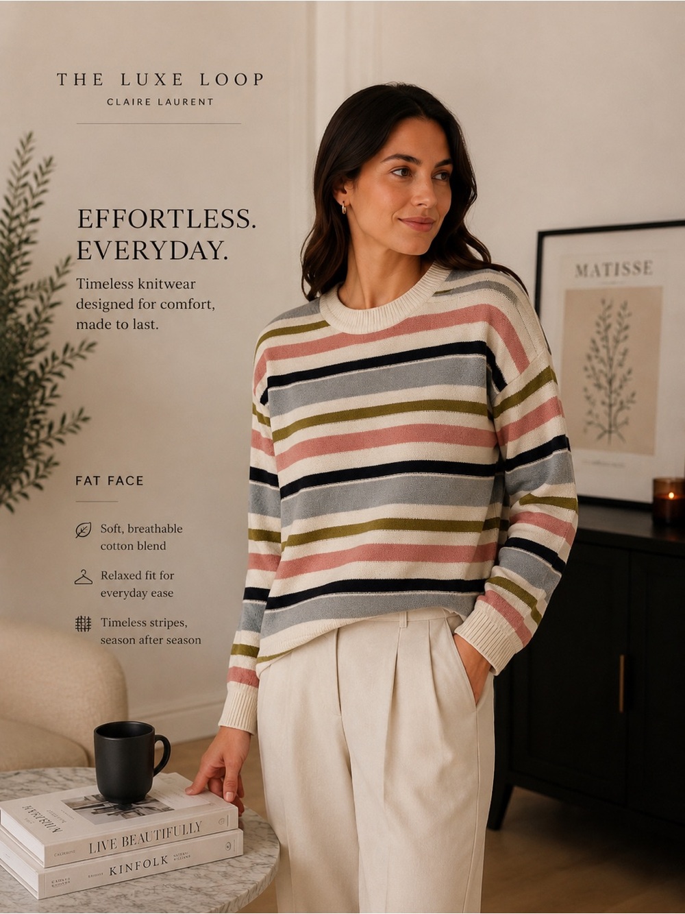 Fat Face Striped Crewneck Sweater in Pink, Gray, Olive and Cream
